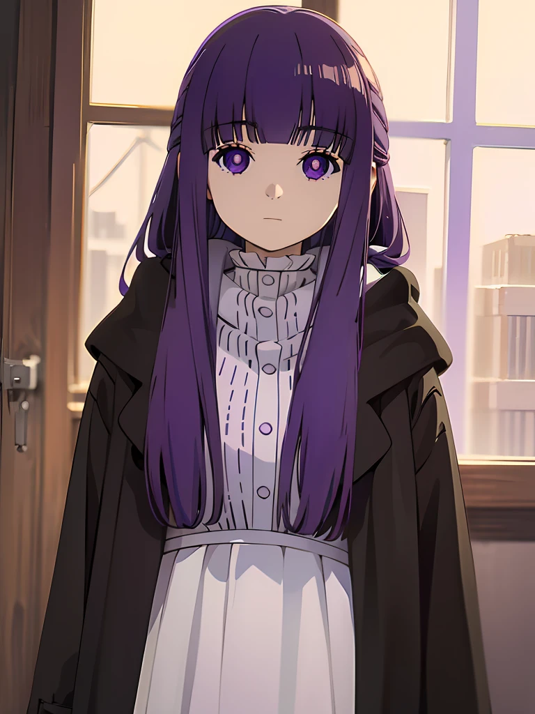 best quality, masterpiece, highres, solo, (fern_sousounofrieren:1.10), 1girl, closed mouth, purple scarf, coat, upper body, expressionless, looking at viewer, purple pupils, blue scarf, indoors, anime_style, 10