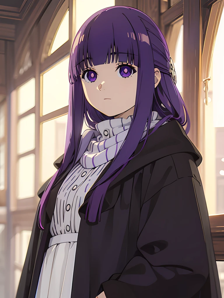 best quality, masterpiece, highres, solo, (fern_sousounofrieren:1.10), 1girl, closed mouth, purple scarf, coat, upper body, expressionless, looking at viewer, purple pupils, blue scarf, indoors, anime_style, 10