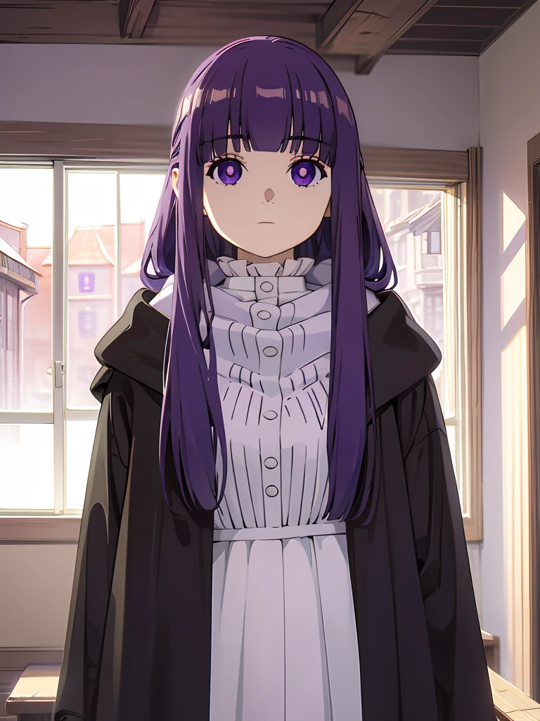 best quality, masterpiece, highres, solo, (fern_sousounofrieren:1.10), 1girl, closed mouth, purple scarf, coat, upper body, expressionless, looking at viewer, purple pupils, blue scarf, indoors, anime_style, 10