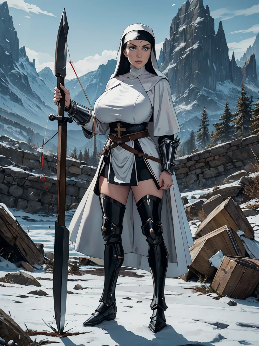 (masterpiece, top quality, best quality, official art, beautiful and aesthetic:1.2), (1girl:1.3), ((Sharp facial features, sharp features, hawkish features)), ((grey eyes)), busty paladin knight girl, extremely detailed, portrait, looking at viewer, solo, (full body:0.6), detailed background, full-body shot, (cold mountain nighttime glacier theme:1.1), holy knight, (nun), charlatan, smirk, mysterious, swaying in mountains, armor, polished metal, gold trim, long boots, white fabric, pelvic curtain, robe, pale leather, ((((nun, crossbow, heavy armor, armored, long legs, robes, prayer scrolls, toned, muscular)))), slim waist, slim hips, long legs, medieval (mountain exterior:1.1) background, dark mysterious lighting, shadows, magical atmosphere, dutch angle