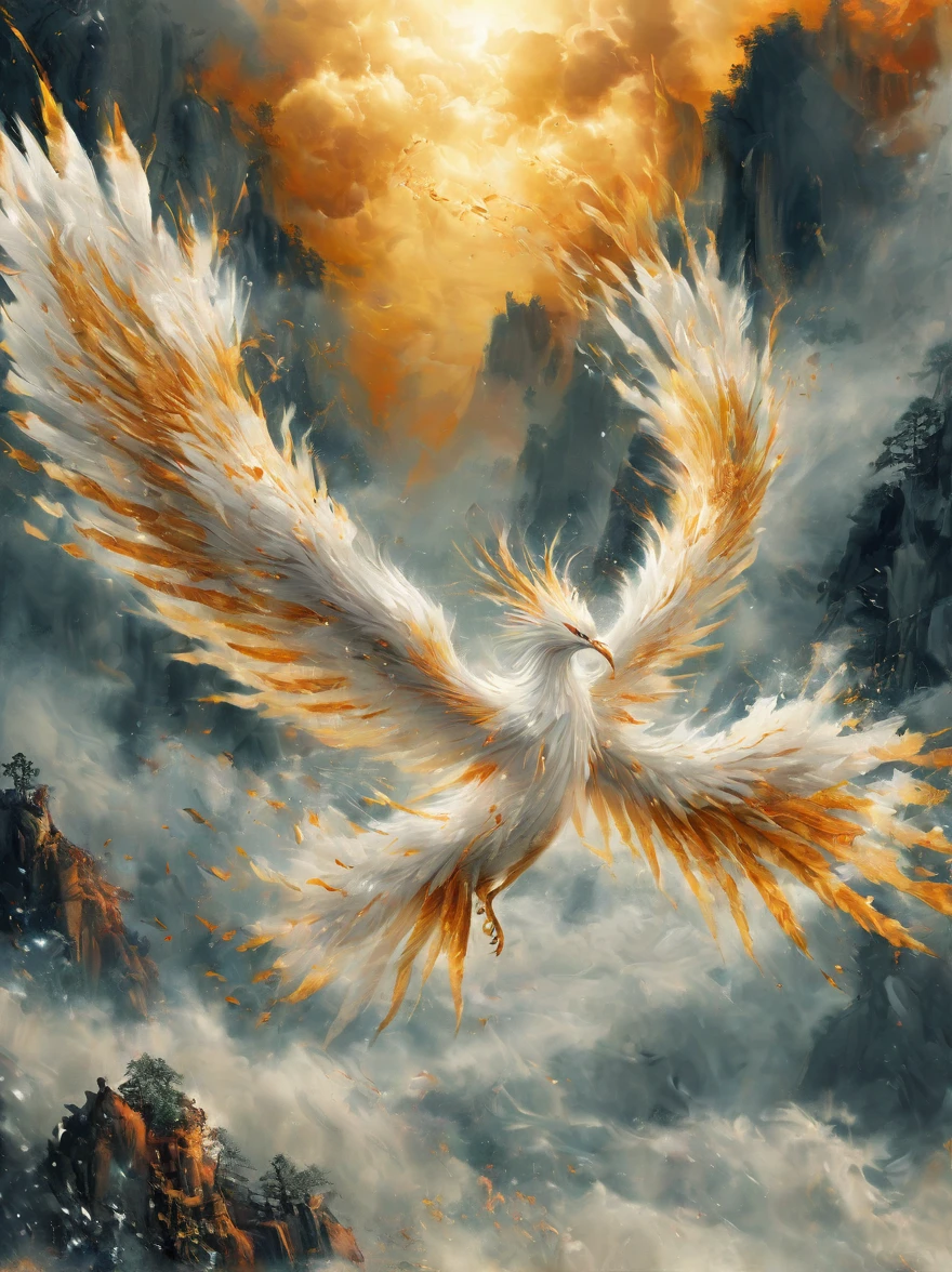 Nine-tailed white phoenix with golden mouth and golden claws soaring into the sky, huge and detailed, high quality