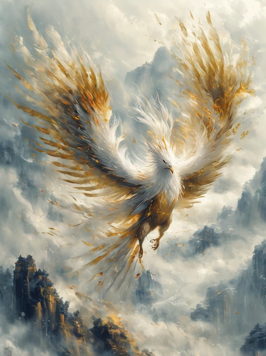 Nine-tailed white phoenix with golden mouth and golden claws soaring into the sky, huge and detailed, high quality