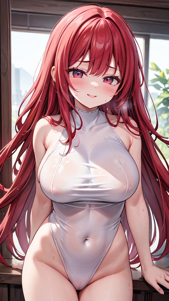 Best Quality, Masterpiece, 1 girl, (Alone:1.1), ray tracing, ultra detailed,detailed face, 8K Wallpaper, detailed eyes, big breasts and butt, long red hair, White skin, brand clothes, flirtatious smile, cheeks flushed and completely sweaty, pose sexy, (random background)