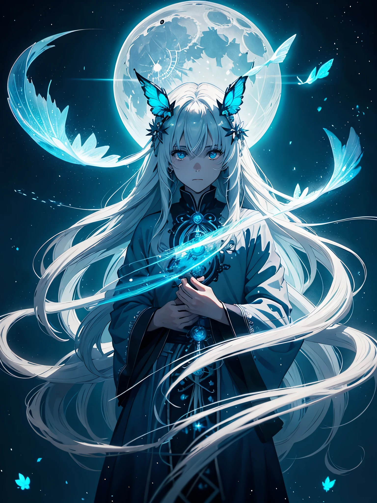 Mehr anime. Mehr 2D. Glow. With blue moth. White crows. Ghosts. lights. magical. Power animals. Spirit. King of the moon. Long hair. long white hair. aquatic, boy, silver hair accessories, White hair, blue flowers. Blue lights. full moon. holy.