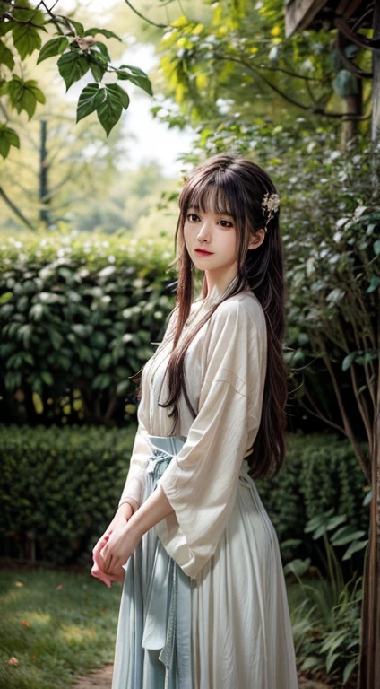 (best quality,4K,High resolution,Masterpiece:1.2),Very detailed,realistic,Portrait,Girl in the garden,Beautifully detailed eyes,Beautifully detailed lips,light breeze,Long, flowing hair,Tai Chi element,In panoramic view,flower,Bright colors,Like a painting.,quiet,harmonious,gentle movement,Sunlight shines through the leaves of the trees.,บรรยากาศquiet,nature scene,ความquiet,shadow box,likes to think,Comfortable atmosphere