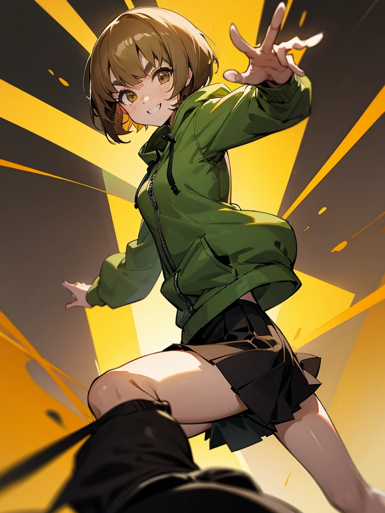 Chie satonaka cool anime girl light brown eyes brown short hair bangs cool pose cool looking green  Hoodie black skirt dinamic pose interesting pose happy smile Furrowed eyebrows