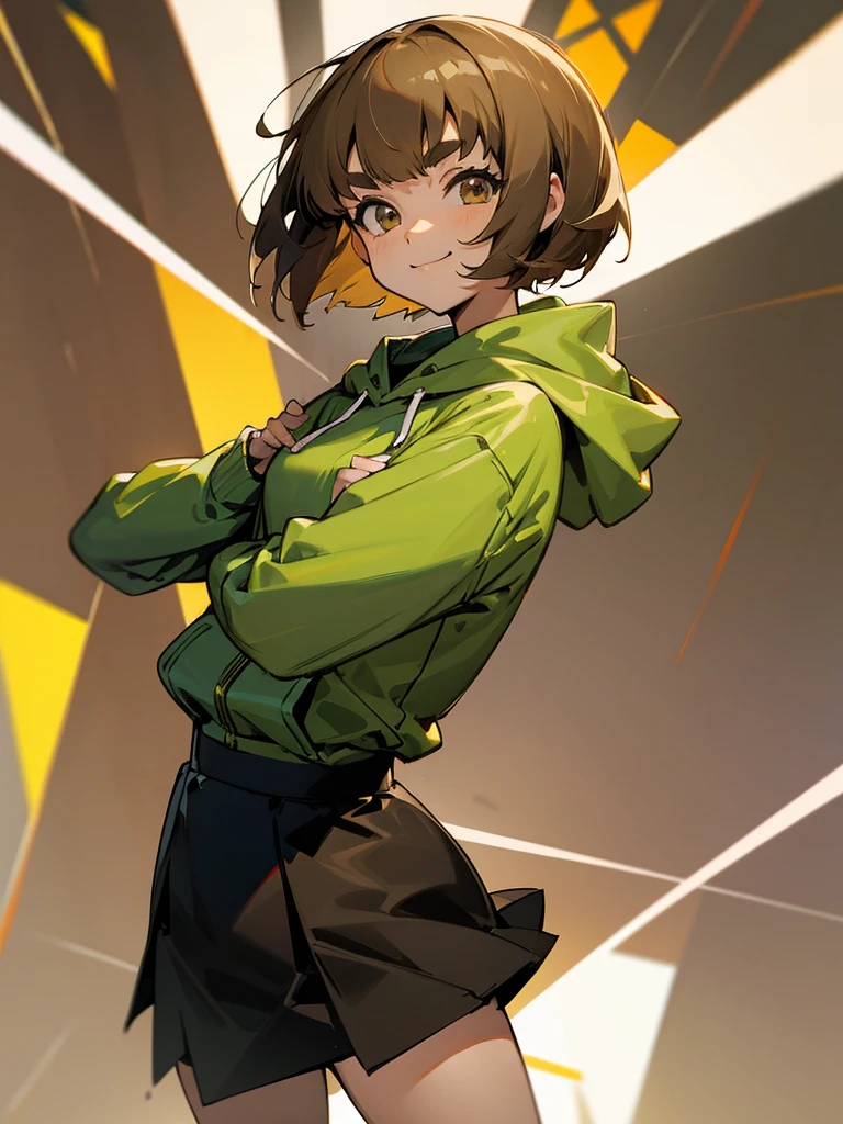 Chie satonaka cool anime girl light brown eyes brown short hair bangs cool pose cool looking green  Hoodie black skirt dinamic pose interesting pose happy smile Furrowed eyebrows