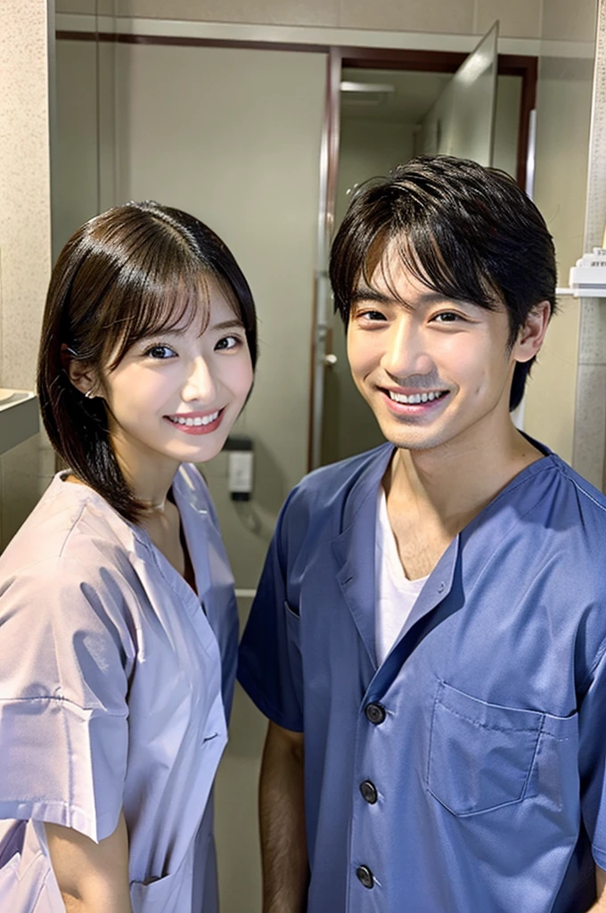 dentist male Wearing black medical scrubs, Japanese, black hair, late 20s Main upper body smile Black