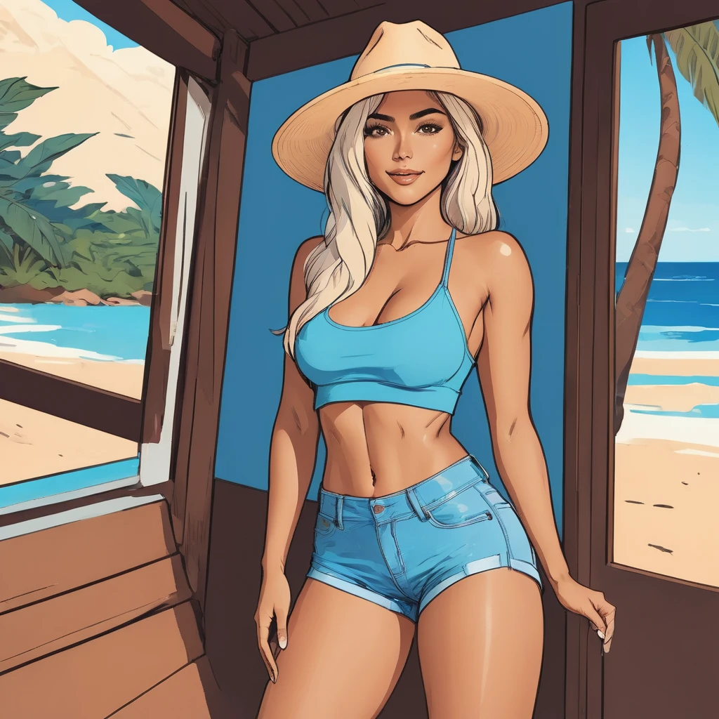 Beautiful latin american woman with tanned skin, freckles in her face, platinum blonde long hair, wearing a golden bikini, golden necklace, (1 Girl), (adult woman), (Full Body), Beautiful face, smiling, standing on a beach, (Sexy Pose), ((Perfect face)), ((hyper bronze skin)), ((tan skin)), natural light, beautiful lighting, beautiful colors, semi realistic style, ((Beautiful detailed eyes)), ((Beautifull detailed face)), ((high detail)), ((High Definition)), (Flat Colors), (Celshading), (Illustration style), ((Lineart)), ((Perfect Lines))