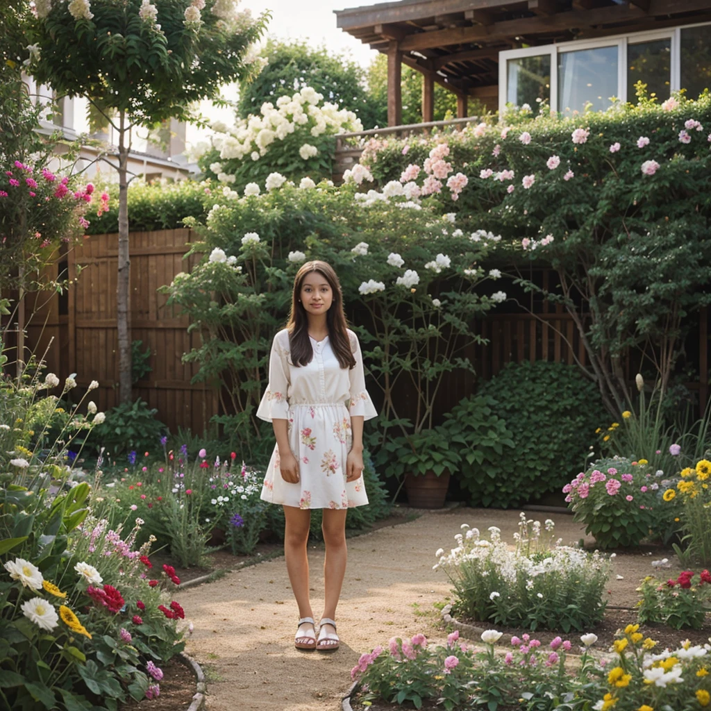 A girl standing next to garden with full of flowers