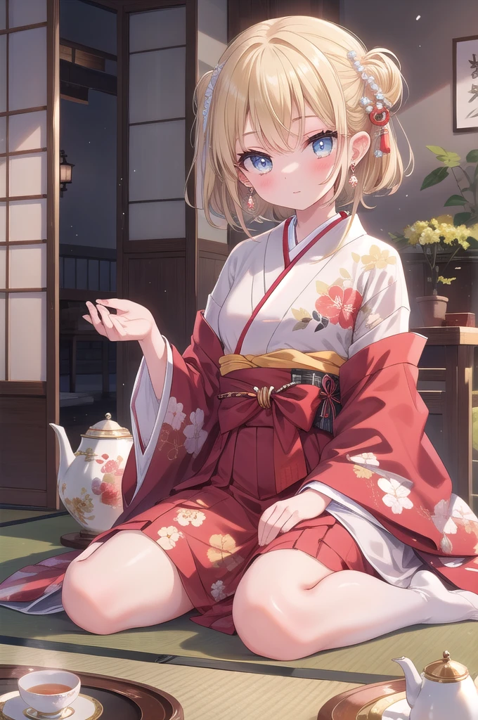 (masterpiece, best quality:1.3), 1 girl, solo, teenager,(top quality eyes:1.3),A 15-year-old girl with dark blonde hair is sitting in a traditional Japanese room at home, seated in a "wariza" pose. Behind her, beautiful shoji screens add to the serene ambiance. Her eyes are a deep blue, and small pearl earrings glisten on her ears. She has a calm expression, relaxing with her favorite japanese tea set in front of her.