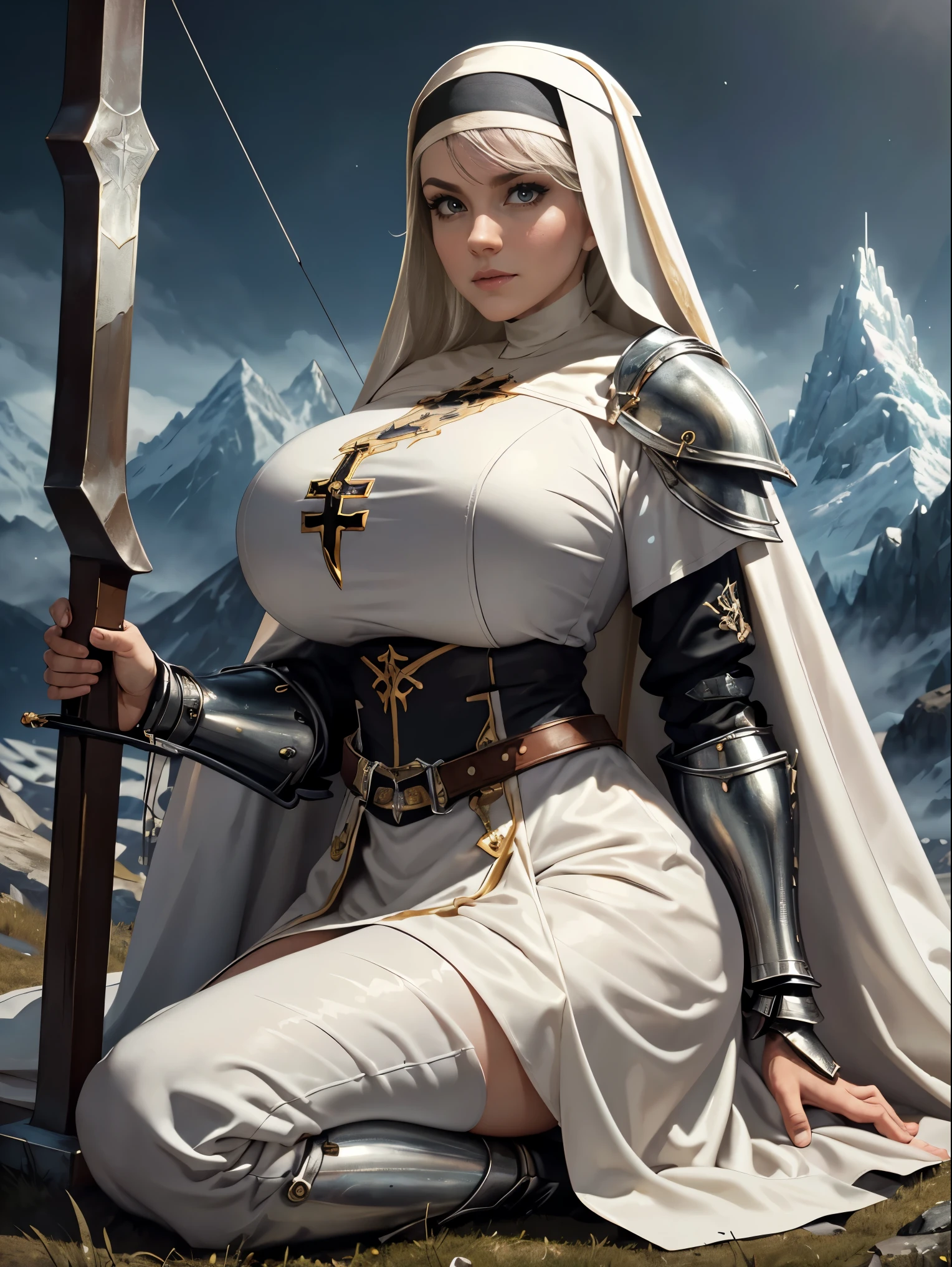 (masterpiece, top quality, best quality, official art, beautiful and aesthetic:1.2), (1girl:1.3), ((Sharp facial features, sharp features, hawkish features)), ((grey eyes)), busty paladin knight girl, extremely detailed, portrait, looking at viewer, solo, (full body:0.6), detailed background, full-body shot, (cold mountain nighttime glacier theme:1.1), holy knight, (nun), charlatan, smirk, mysterious, swaying in mountains, armor, polished metal, gold trim, long boots, white fabric, pelvic curtain, robe, pale leather, ((((nun, crossbow, heavy armor, armored, long legs, robes, prayer scrolls, toned, muscular)))), slim waist, slim hips, long legs, medieval (mountain exterior:1.1) background, dark mysterious lighting, shadows, magical atmosphere, dutch angle