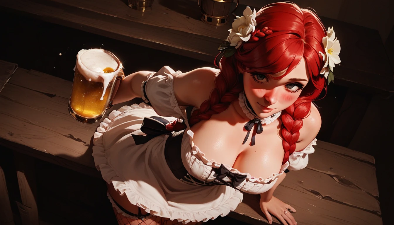 score_9, score_8_up, score_7_up, 1girl, (solo:1.1), from above, tavern wench, standing, bare shoulders, red hair, braids, large breasts, flower hair, barmaid dress, cute, beautiful eyes, blush, fishnets, sexy pose, looking at viewer, indoor, beer mugs, beer foam, expressiveh 3mpr3ss3