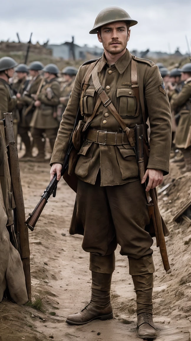 (masterpiece), best quality, expressive eyes, perfect face, All quiet on western Front, man, trenches, dirty, uniform, realistic, HD, Rifle, mas-36, battle, fighting, world war 1, bearded, mature, michael Fassbender, full Body