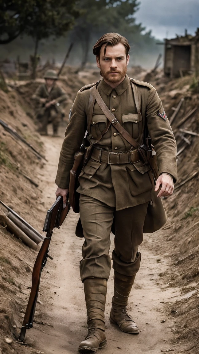 (masterpiece), best quality, expressive eyes, perfect face, All quiet on western Front, man, trenches, dirty, uniform, realistic, HD, Rifle, mas-36, battle, fighting, world war 1, bearded, mature, michael Fassbender, full Body