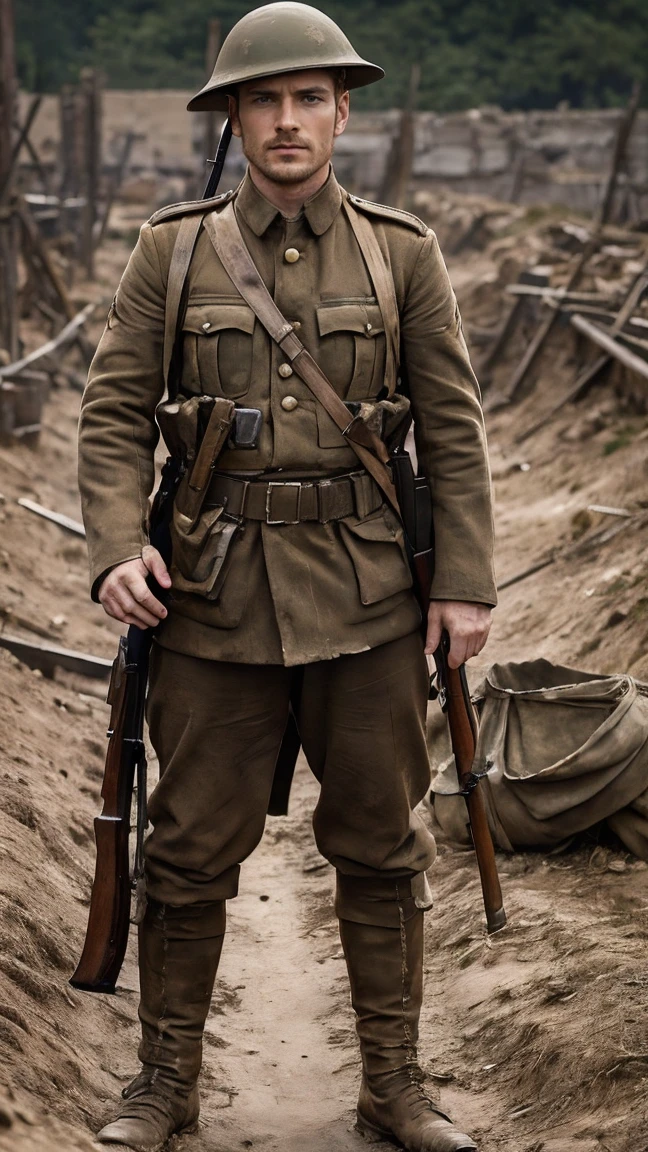 (masterpiece), best quality, expressive eyes, perfect face, All quiet on western Front, man, trenches, dirty, uniform, realistic, HD, Rifle, mas-36, battle, fighting, world war 1, bearded, mature, michael Fassbender, full Body