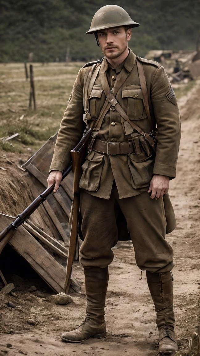 (masterpiece), best quality, expressive eyes, perfect face, All quiet on western Front, man, trenches, dirty, uniform, realistic, HD, Rifle, mas-36, battle, fighting, world war 1, bearded, mature, michael Fassbender, full Body