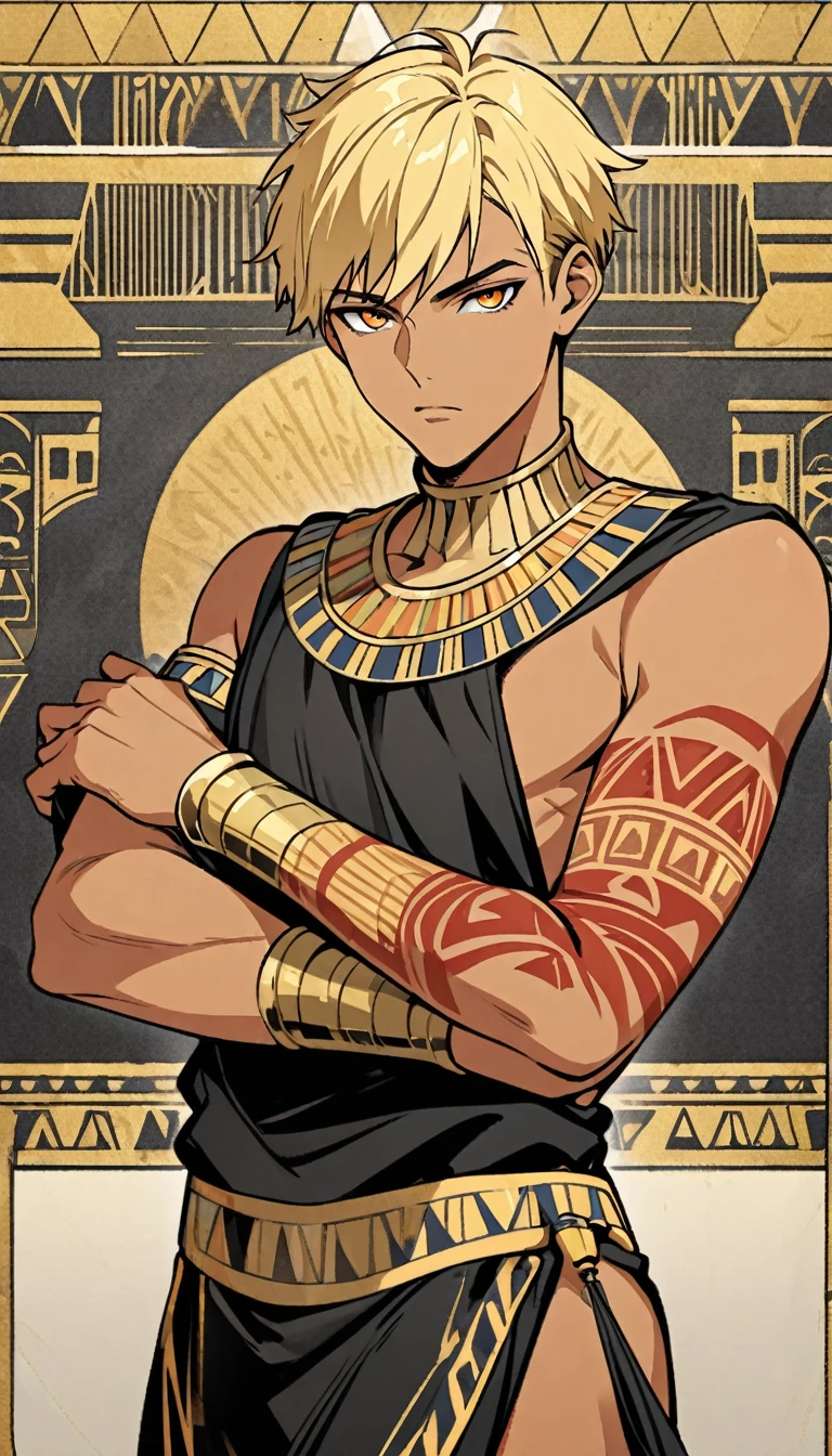 Egyptian Background,Handsome young man, blond, Orange Eyes, short hair, Black Hoodie,high quality, Draw Amount, pixiv illustrations,Tanned skin,Red tattoo on the arm,(Egyptian style,Egyptian Dress Up)