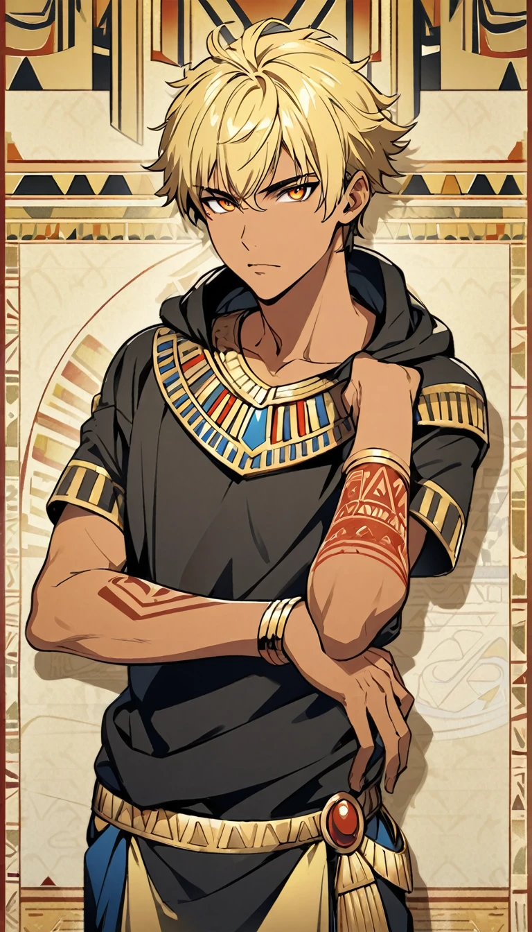 Egyptian Background，Handsome young man, blond, Orange Eyes, short hair, Black Hoodie,high quality, Draw Amount, pixiv illustrations，Tanned skin，Red tattoo on the arm，(Egyptian style，Egyptian Dress Up)