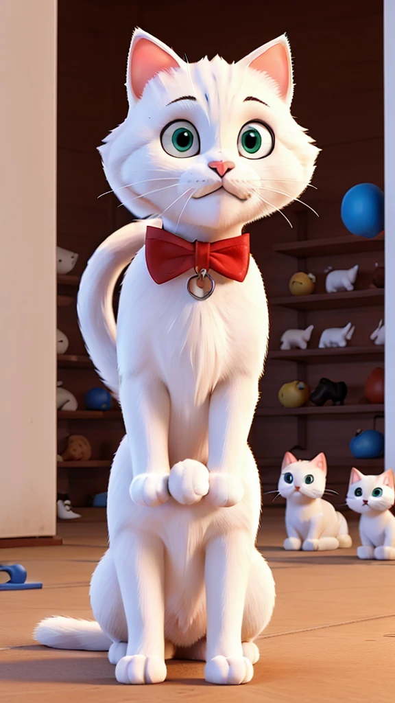 "Milk, the white cat, sits outside the boxing gym, watching the boxers train with admiration. Other cats around her are laughing and pointing, doubting her dream of becoming a boxer."