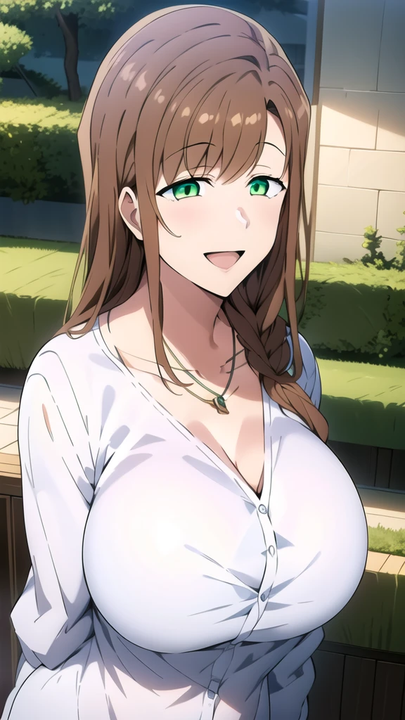 masterpiece, One girl, chest, alone, Brown Hair, Green Eyes, , large chest, View your viewers, smile, Open your mouth, Long Hair, clavicle, Upper Body, necklace, White Dress, cardigan, Brown jacket, , (((White shirt))), outside, garden
