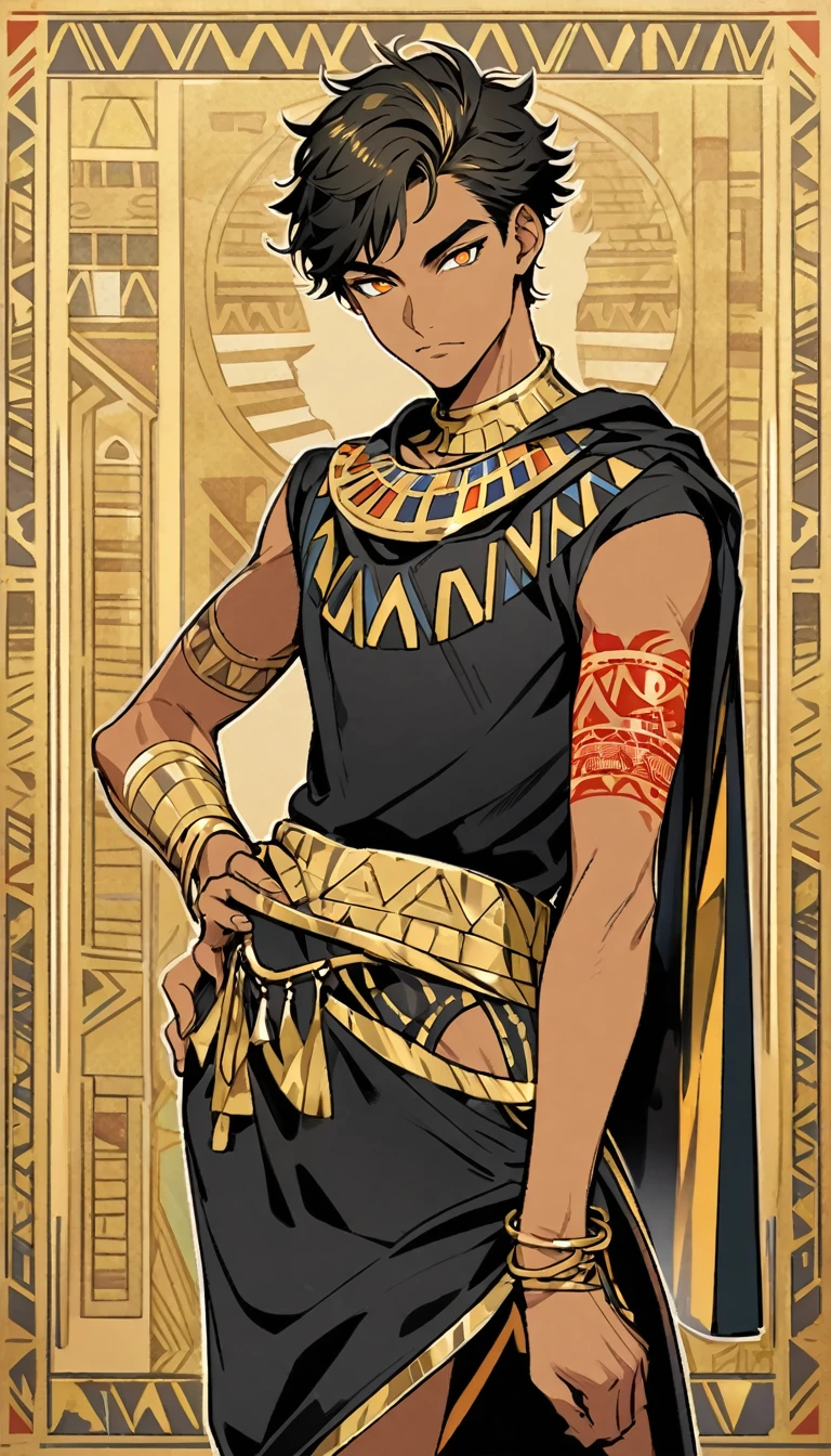 Egyptian Background，Handsome young man, blond, Orange Eyes, short hair, Black Hoodie,high quality, Draw Amount, pixiv illustrations，Tanned skin，Red tattoo on the arm，(Egyptian style，Egyptian Dress Up)