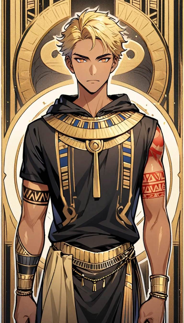 Egyptian Background,Handsome young man, blond, Orange Eyes, short hair, Black Hoodie,high quality, Draw Amount, pixiv illustrations,Tanned skin,Red tattoo on the arm,(Egyptian style,Egyptian Dress Up)