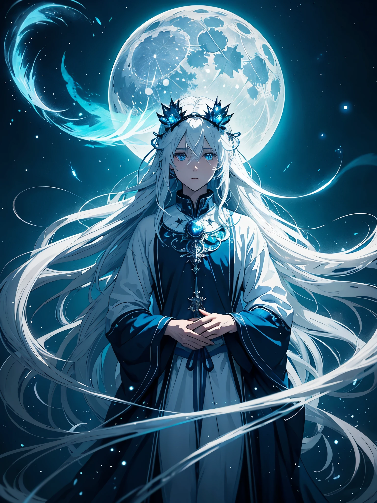 Mehr anime. Mehr 2D. Glow. With blue moth. White crows. Ghosts. lights. magical. Power animals. Spirit. King of the moon. Long hair. long white hair. aquatic, boy,  silver hair accessories, White hair, blue flowers. Blue lights. full moon. holy. 