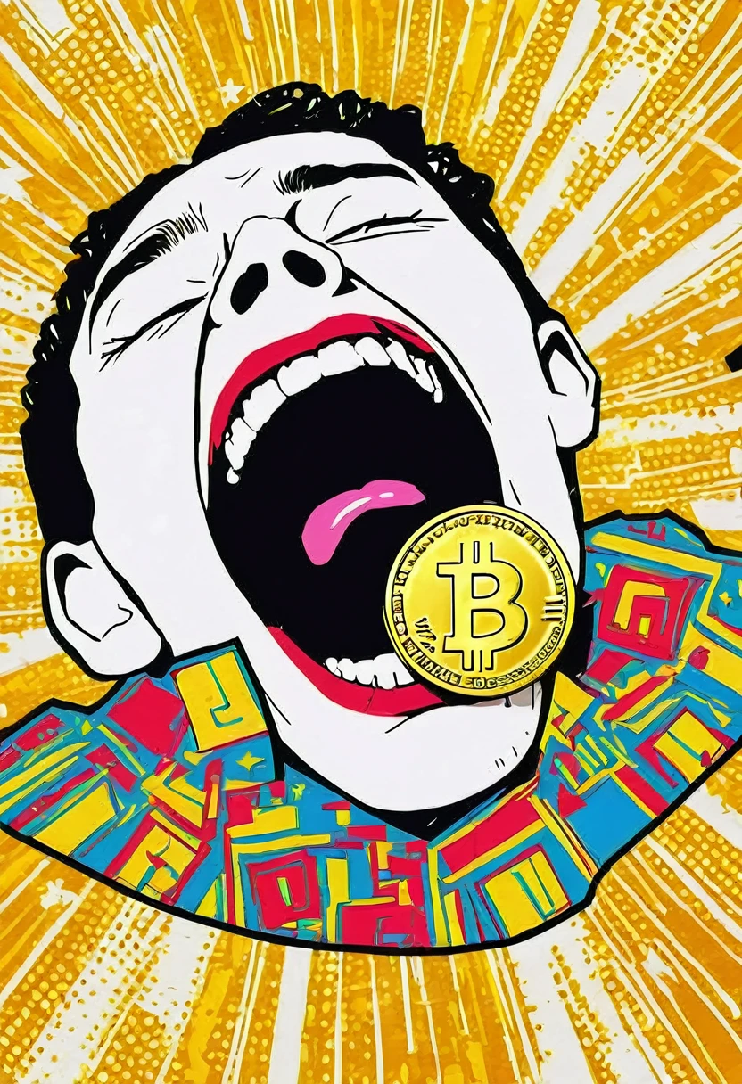 low quality、Pop Art、((One coin))、The coin has a mouth、Mouth only、Teeth are visible、gold、Logo、central、big、Background is white