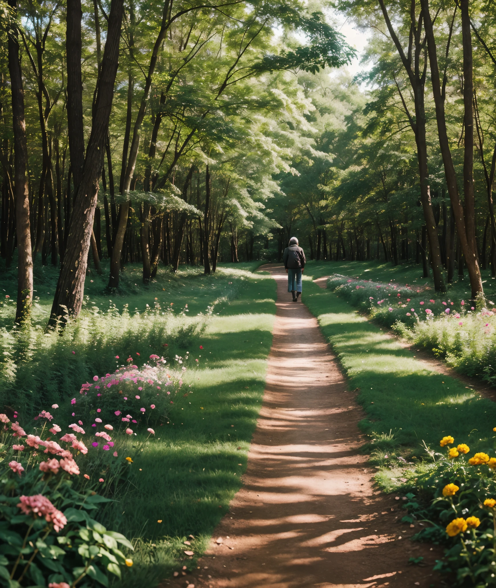 A forest full of flowers, path in forest, Grandma's house in the background, Chubby white little red riding hood,White and beautiful cheeks, Straight and long hair.