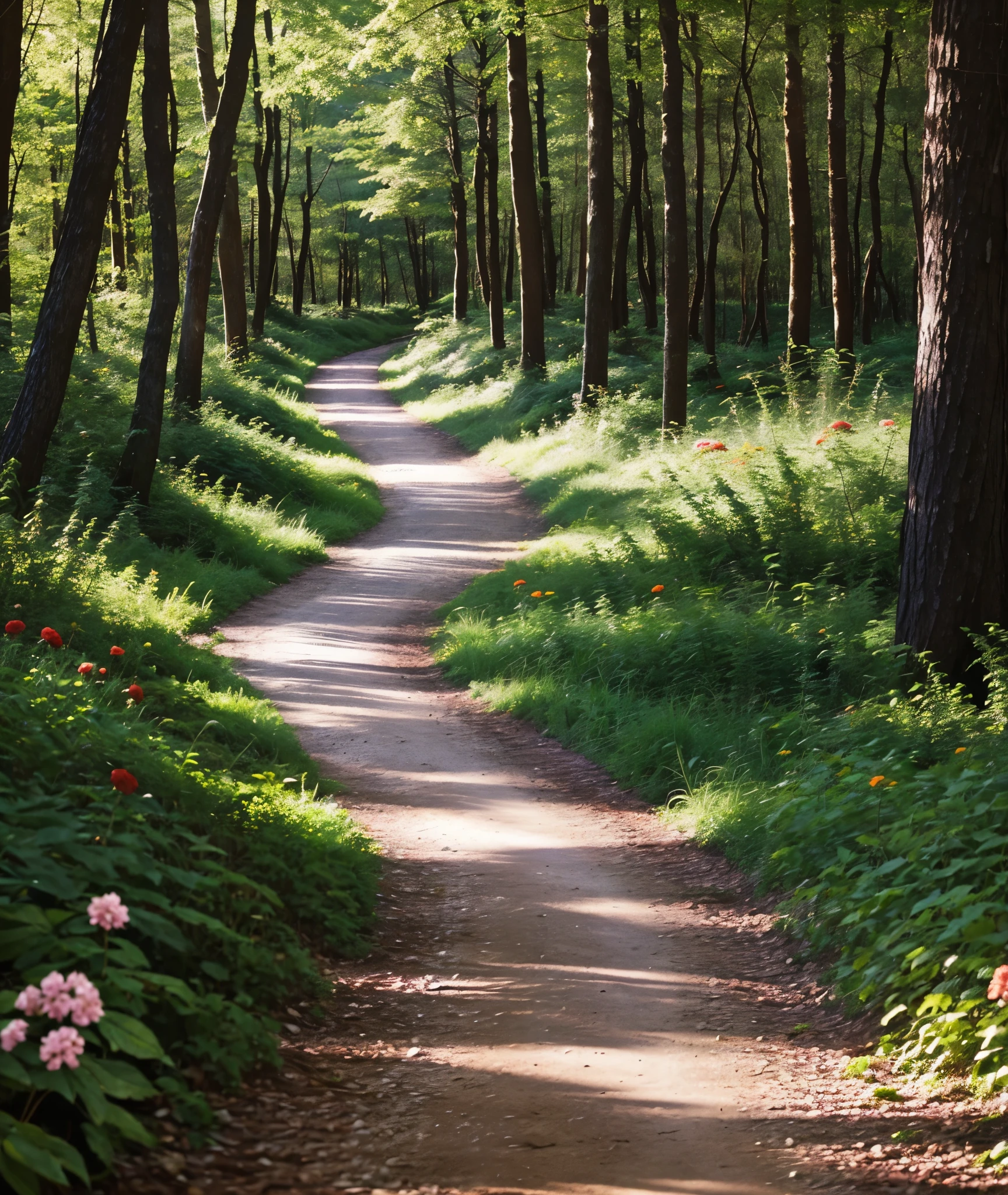 A forest full of flowers, path in forest, Grandma&#39;s house in the background, Chubby white little red riding hood，White and beautiful cheeks, Straight and long hair.
