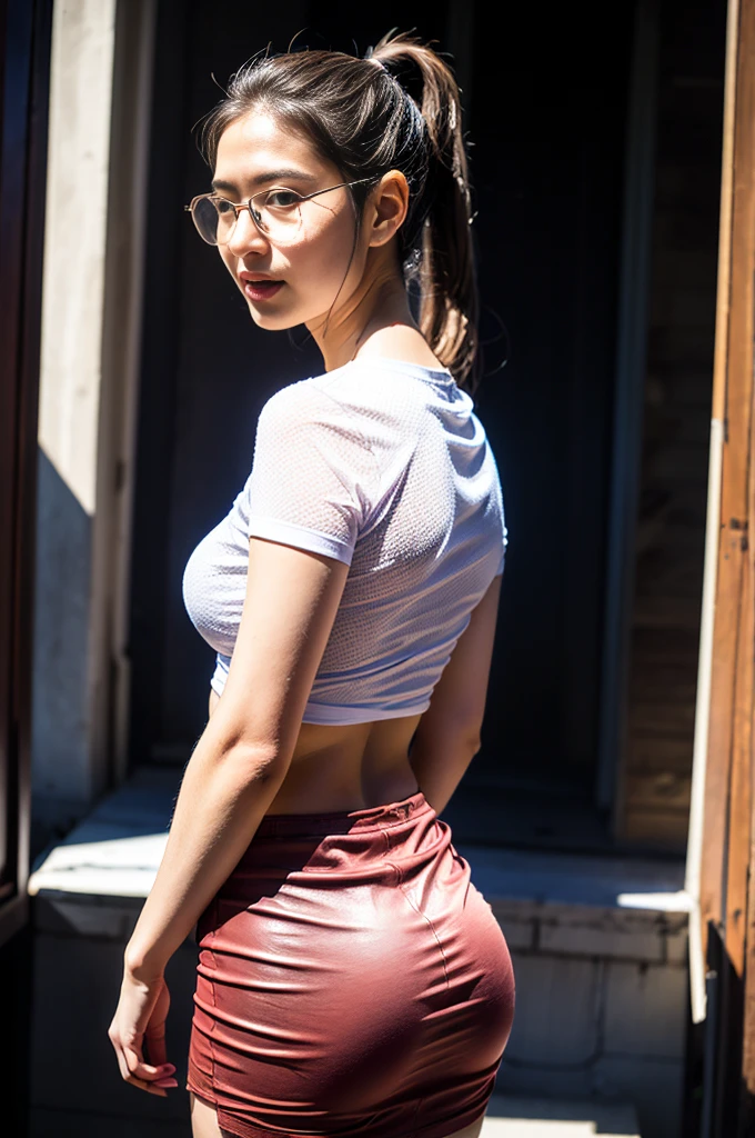ful dressed, (photo realisitic:1.4), (hyper realisitic:1.4), (realisitic:1.3),
(softer lighting:1.05), (increase the quality of cinematic lighting:0.9), 32k,
1 girl, 20 years old, realisitic lighting, backlight, light on the face, ray tracing, (shine light:1.2), (Increase quality:1.4),
(best quality real textured leather:1.4), finely-detailed eyes, well-detailed face,
(tired and sleepy and happy), (Laught:0), close de rosto, tshirts,
(Increase body line mood:1.1), (Increase the beauty of skin texture:1.1) , waist shot, ass for camera, flowing satin skirt, glasses on head, Ponytail hair, pink satin skirt, Flowing skirt, satin flowing skirt