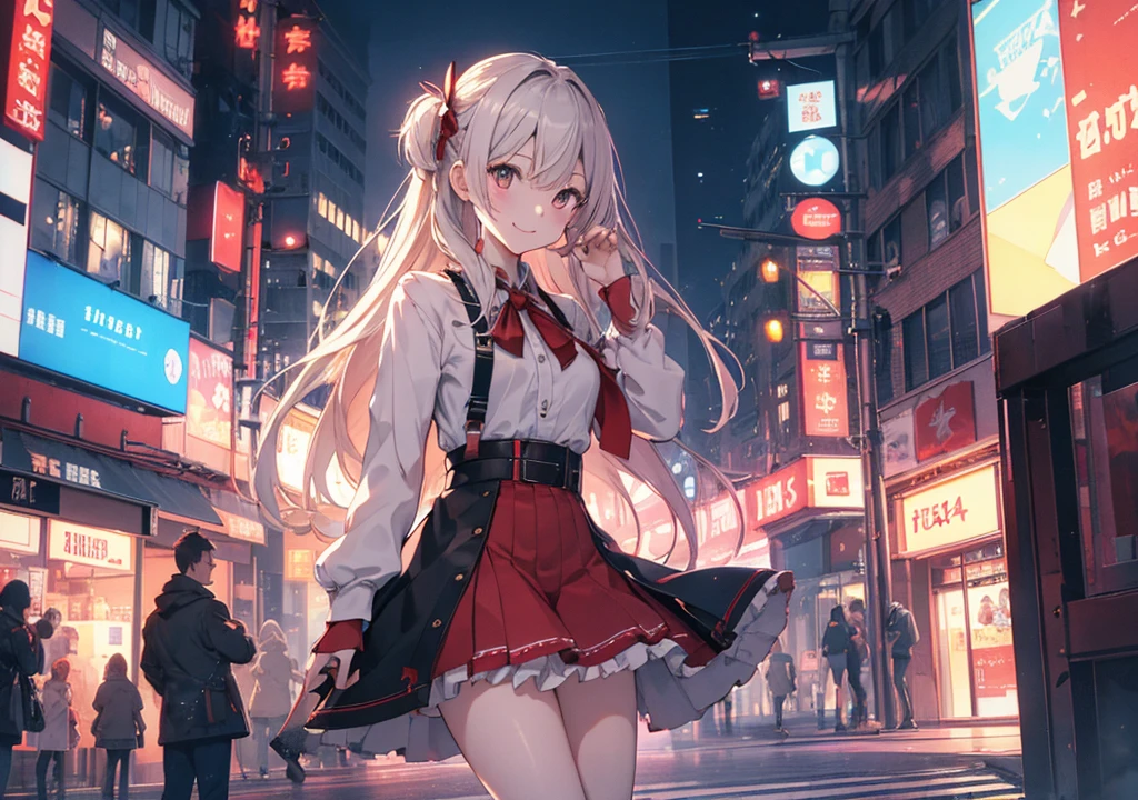 Anime girl standing on a city street wearing a short red skirt, a skimpy top and black knee-high socks, Cleavage,Very large breasts,Ilya Kuvshinov with long hair, Guviz style artwork, Anime Art Wallpapers 8K, Art Station「Pysif」Mr. Gwitz, ピシブArt Stationのグウィズ, Cyberpunk anime art