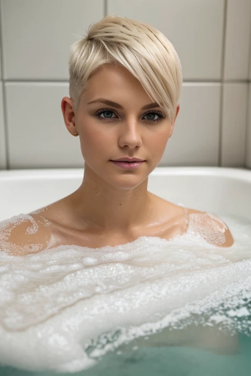 a 25 year old woman, platinum blonde pixie cut buzzed in back and sides hair, rousse aux yeux verts, covered in foam in a bubble bath