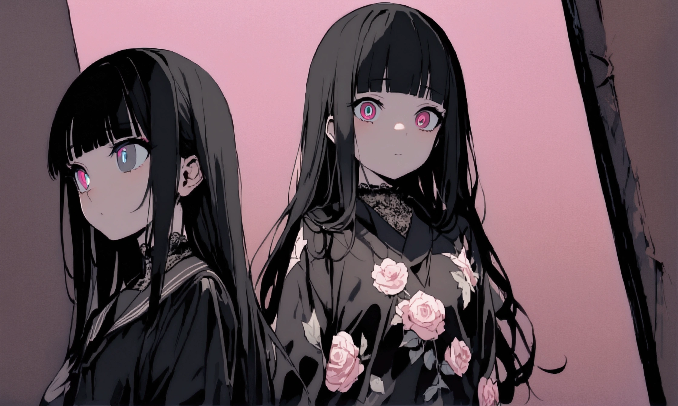 face down、Lewd Eyes、Scornful Eyes、front、super fine illustration,(((beautiful fine hair))),(((beautiful fine face))),(((beautiful fine background))),、Bobcut、Black Hair、Blunt Bangs、PC in the room、Horizontal composition、Step Piece、Highest quality、Best illustration、Super detailed、girl、Pink Rose Long Hair、Black Shirt、Pleated skirt、Side braided hair、crazy、standing with an eerie feeling、Ruined Background、Unusual sneakers、Eyeshadow on eyes、Unusual eye color、Eyes of Terror、Bright eyes、Cool Shot
