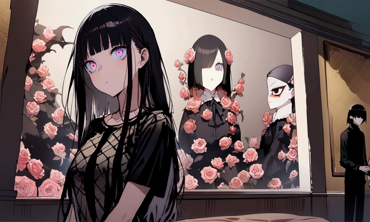 face down、Lewd Eyes、Scornful Eyes、front、super fine illustration,(((beautiful fine hair))),(((beautiful fine face))),(((beautiful fine background))),、Bobcut、Black Hair、Blunt Bangs、PC in the room、Horizontal composition、Step Piece、Highest quality、Best illustration、Super detailed、girl、Pink Rose Long Hair、Black Shirt、Pleated skirt、Side braided hair、crazy、standing with an eerie feeling、Ruined Background、Unusual sneakers、Eyeshadow on eyes、Unusual eye color、Eyes of Terror、Bright eyes、Cool Shot