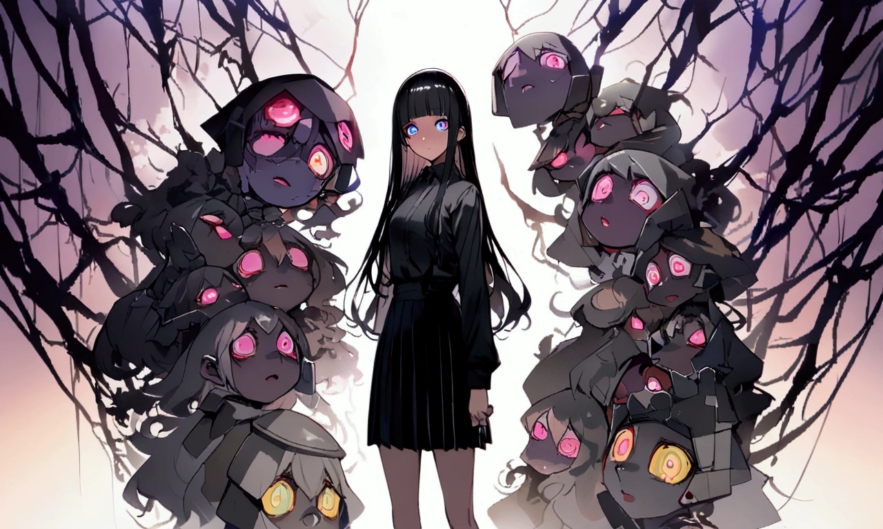 face down、Lewd Eyes、Scornful Eyes、front、super fine illustration,(((beautiful fine hair))),(((beautiful fine face))),(((beautiful fine background))),、Bobcut、Black Hair、Blunt Bangs、PC in the room、Horizontal composition、Step Piece、Highest quality、Best illustration、Super detailed、girl、Pink Rose Long Hair、Black Shirt、Pleated skirt、Side braided hair、crazy、standing with an eerie feeling、Ruined Background、Unusual sneakers、Eyeshadow on eyes、Unusual eye color、Eyes of Terror、Bright eyes、Cool Shot

