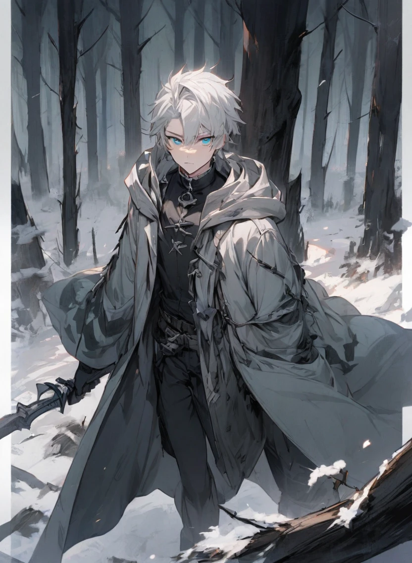 young man ,Male Dark, dark Woods, cold gray colors, man white hair with blue eye, Warlock dnd , Skeleton army in background