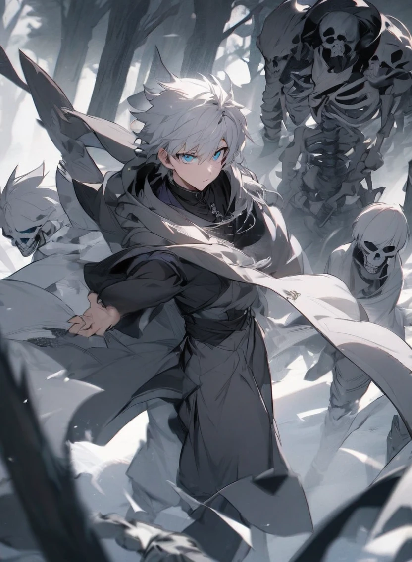 young man ,Male Dark, dark Woods, cold gray colors, man white hair with blue eye have pandaeyes, Warlock dnd , Skeleton army in background
