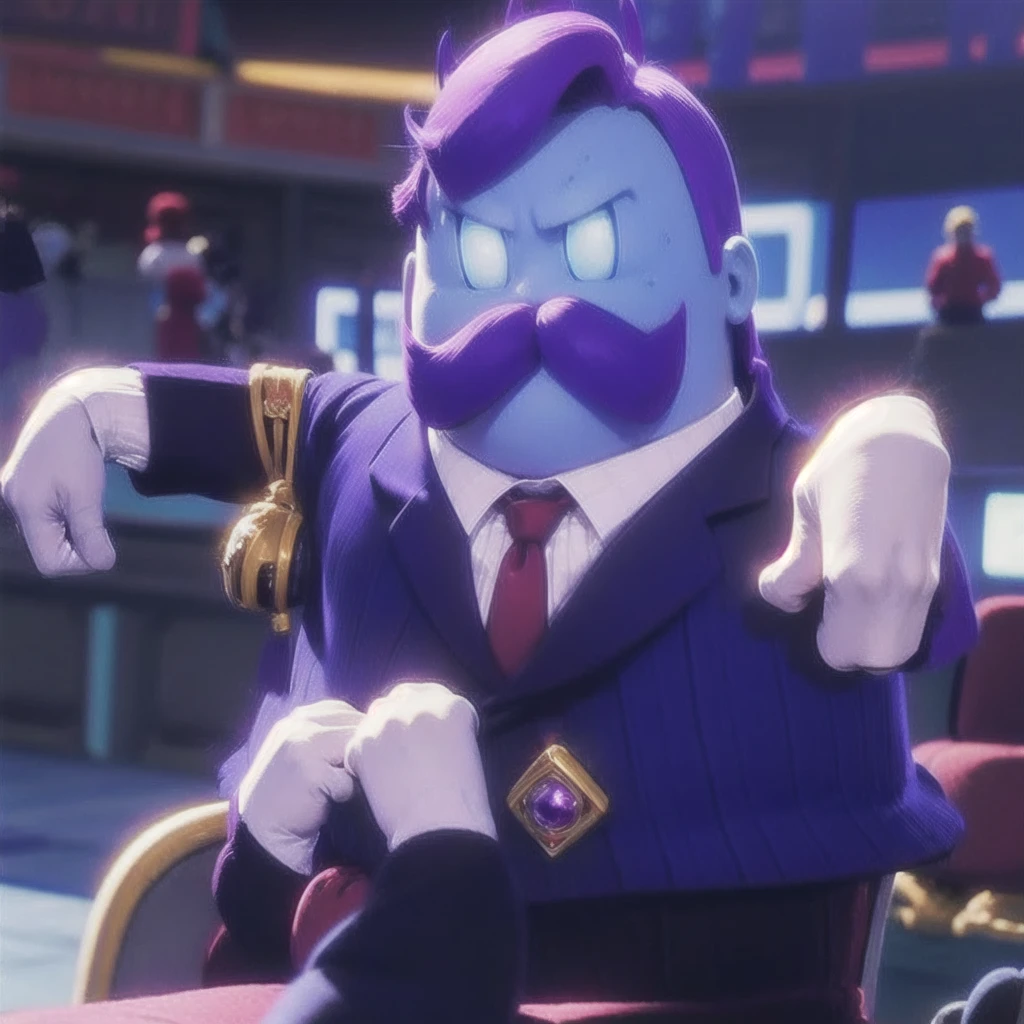 Full body view, Haltmann, purple hair, purple mustache, round body, arms and hands, wearing a dark blue suit with pink vertical lining, pink shirt, red tie, black shoes, gold suit button with a red diamond, pale purple gloves, pink cuffs, pale purpmin, blue eyes, golden earpiece with antenna,sitting behind a desk