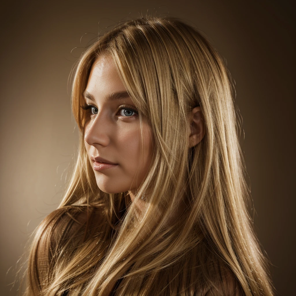 Vibrant and high-resolution full-body portrait of a woman with straight blonde hair. She has brown eyes. Focusing well on her face from the side, to show her impeccable profile