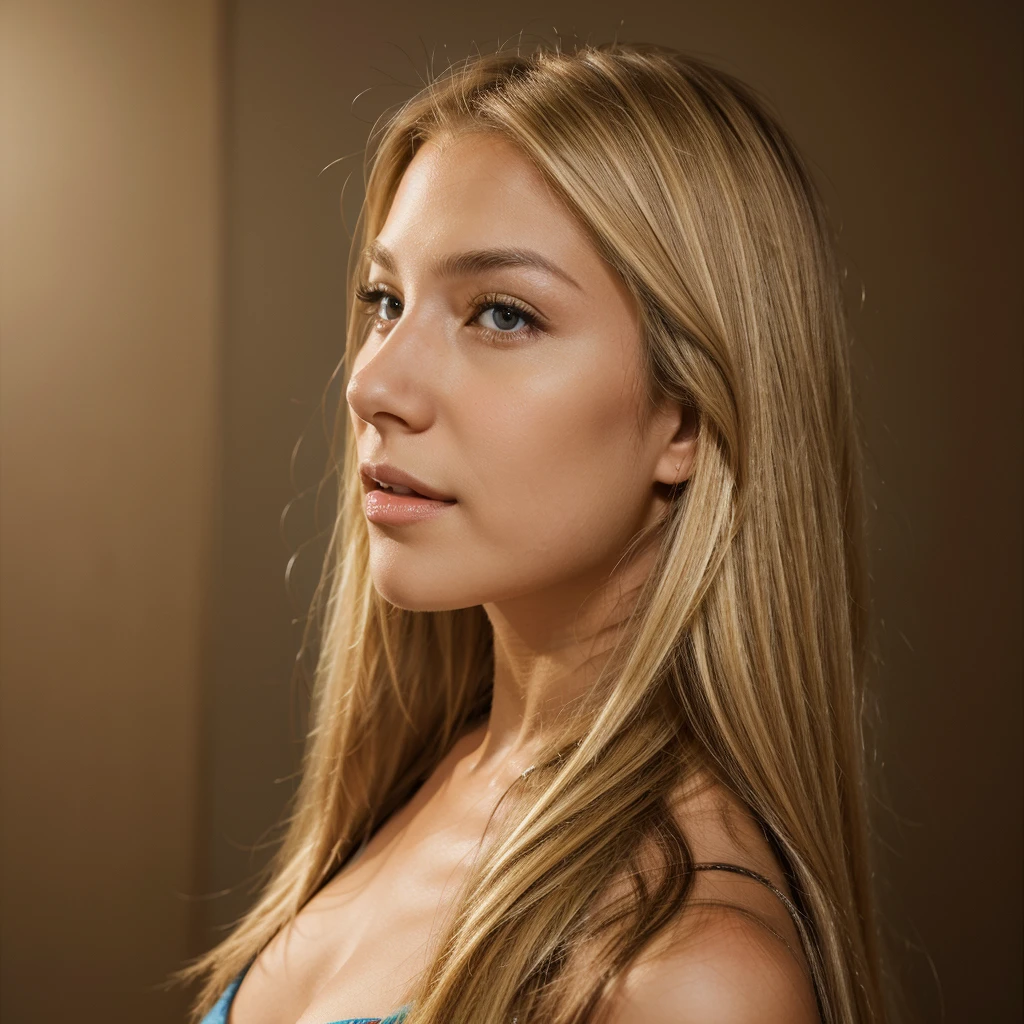 Vibrant and high-resolution full-body portrait of a woman with straight blonde hair. She has brown eyes. Focusing well on her face from the side, to show her impeccable profile