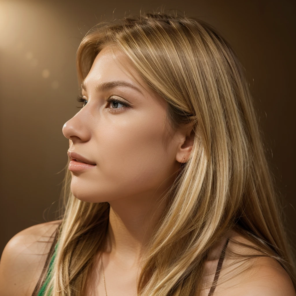 Vibrant and high-resolution full-body portrait of a woman with straight blonde hair. She has brown eyes. Focusing well on her face from the side, to show her impeccable profile