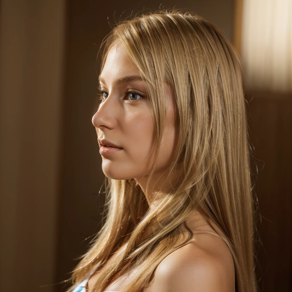 Vibrant and high-resolution full-body portrait of a woman with straight blonde hair. She has brown eyes. Focusing well on her face from the side, to show her impeccable profile