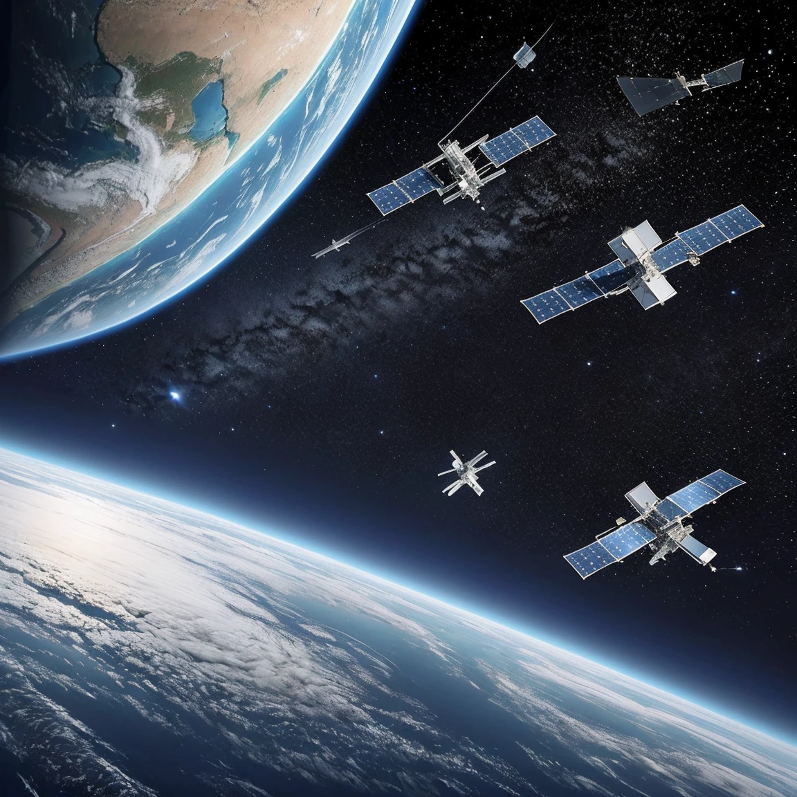 Three satellites flying above the Earth，One near，Two in the distance，They are connected by curved blue optical fibers.，The screen should be technologically advanced，High-definition quality，High-quality posters，