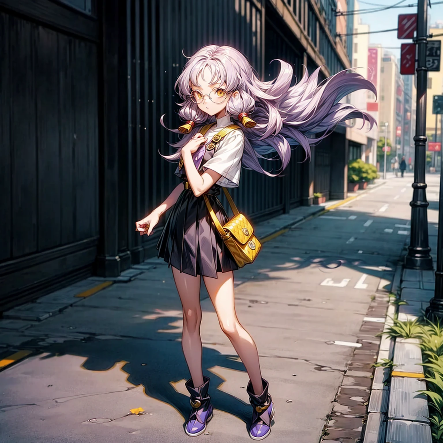 1childern girl, Full body version, 1character, gold eyes, long Curly haircut, lavender color hair, casual style clothing, white glasses, Grassroots, background in city street, motion blur, (dragon ball style art), Gesture standing, handgun in hand