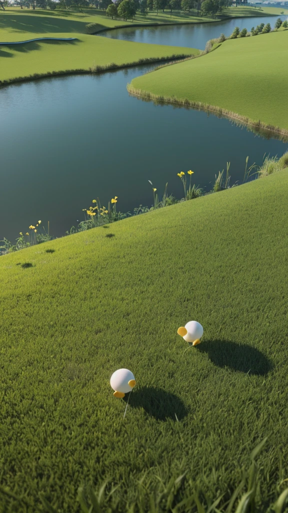 Earth，grassland，river，spring，Earth上有一些可爱的英式建筑，3D Rendering，Cute cartoon style background，Minimalist style，Accessible Platform，C4D modeling，OC Renderer，HD quality 4K。