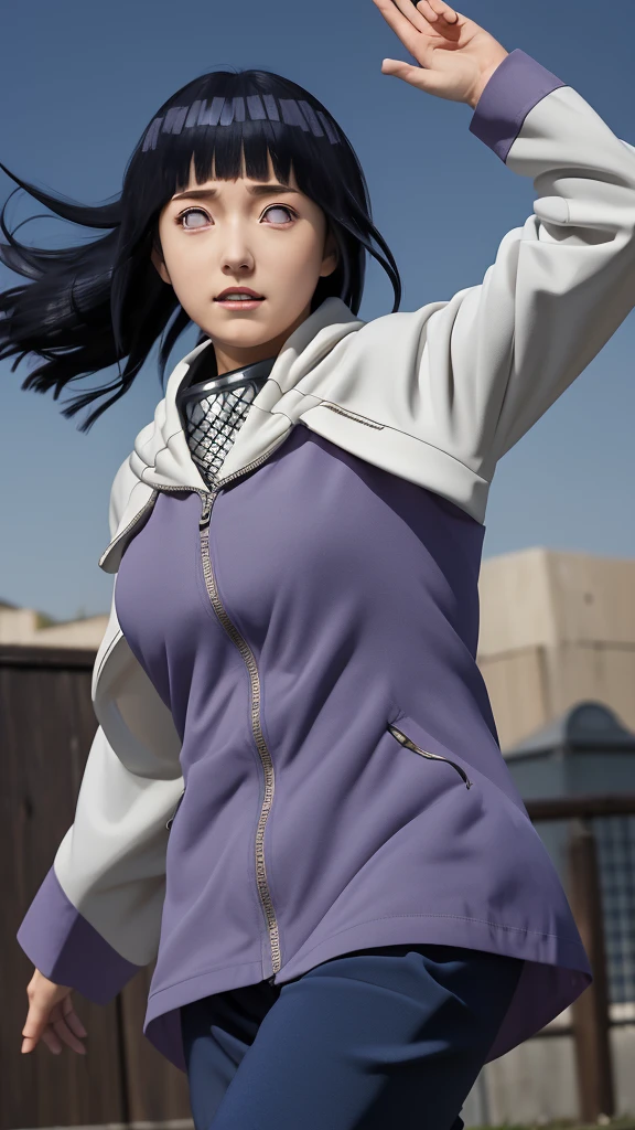 masterpiece, absurdres, 1girl, hinata\(shippuden\), solo,hooded jacket, fishnets, headband around neck, looking at viewer, floating hair, wind, blue pants,