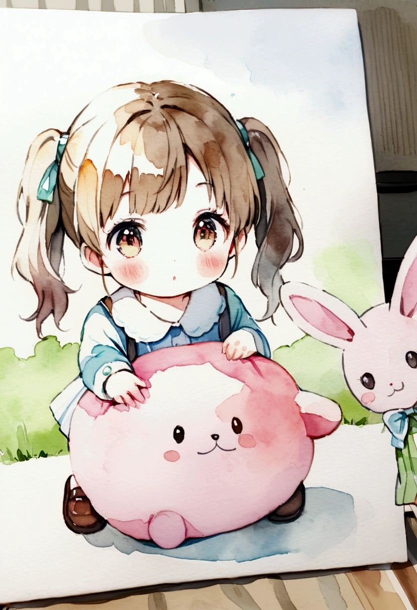 Girls attending （Twin tails）and a pink stuffed rabbit　Picture books　Watercolor