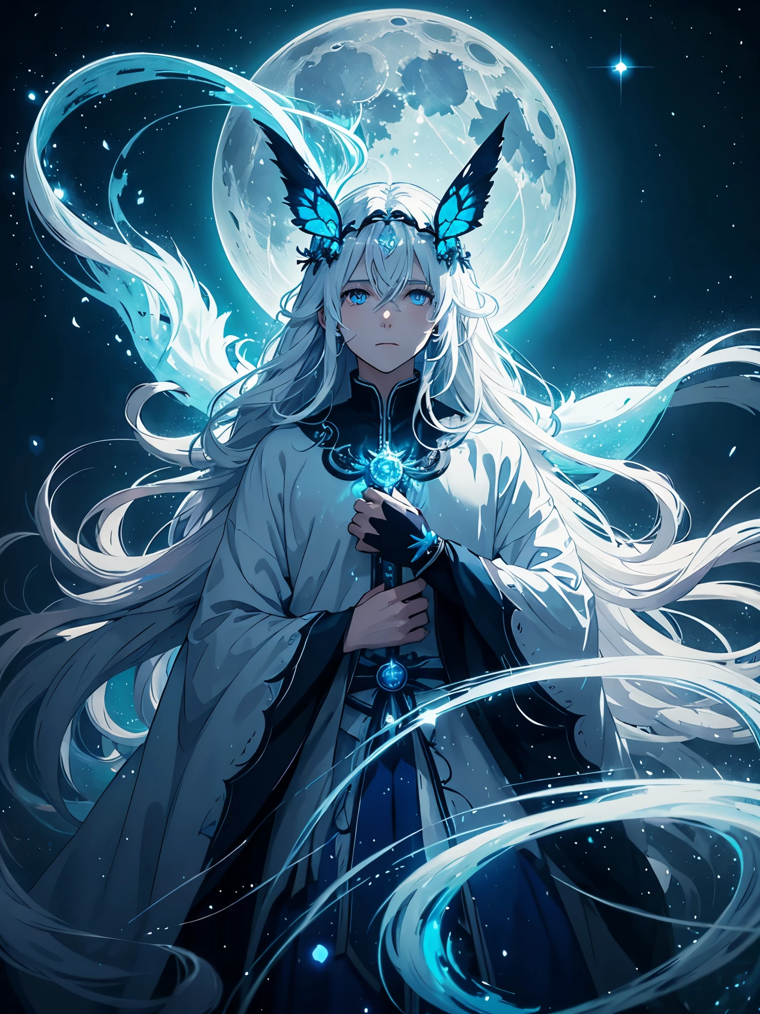 Mehr anime. Mehr 2D. Glow. With blue moth. White crows. Ghosts. lights. magical. Power animals. Spirit. King of the moon. Long hair. long white hair. aquatic, boy,  silver hair accessories, White hair, blue flowers. Blue lights. full moon. holy. 